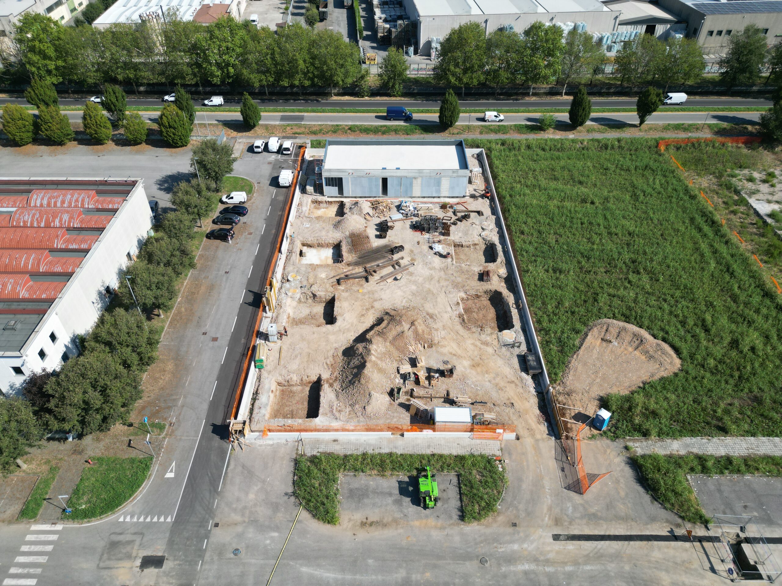 Vista aerea prospettica del cantiere della nuova sede Greal a Coccaglio